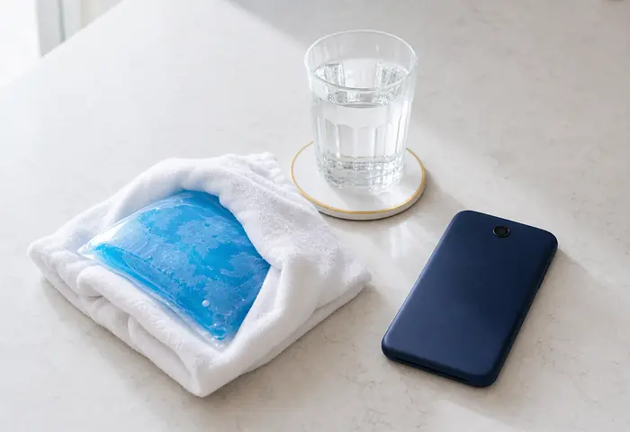 Cold compress, a glass of water and a phone on a counter
