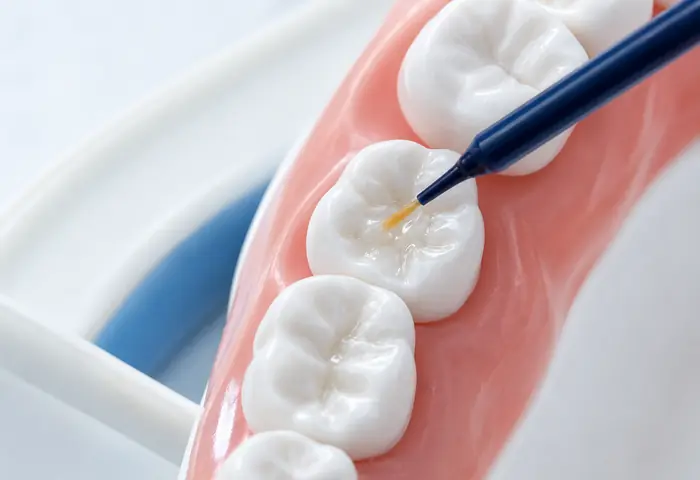Sealant painted into the grooves of a back tooth on a dental model