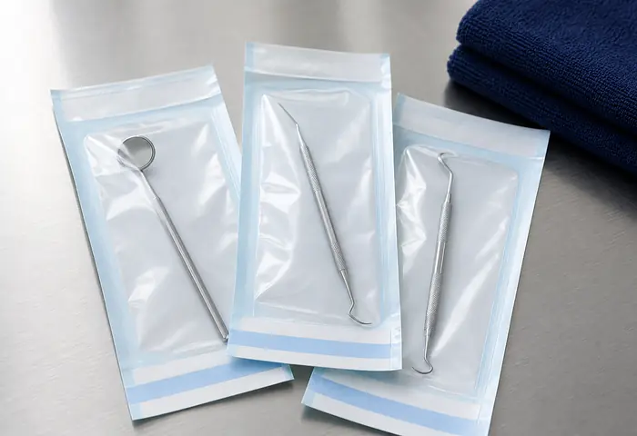 Sterilised dental instruments in sealed pouches