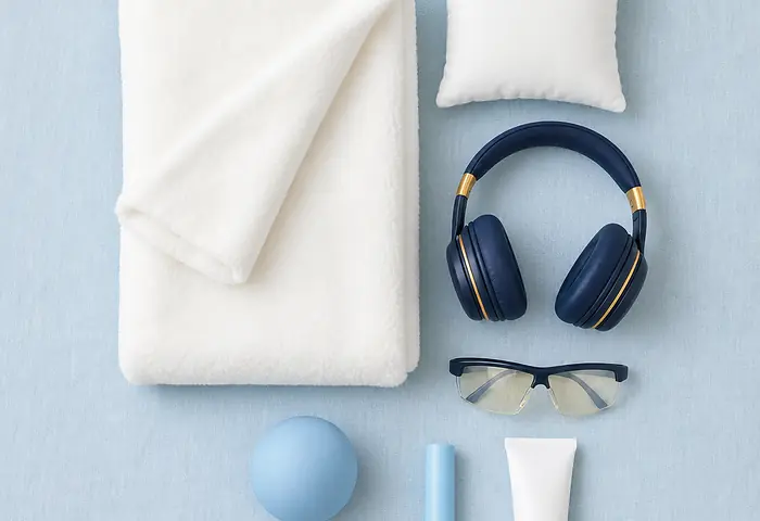 Blanket, cushion, headphones and protective glasses laid out on a table
