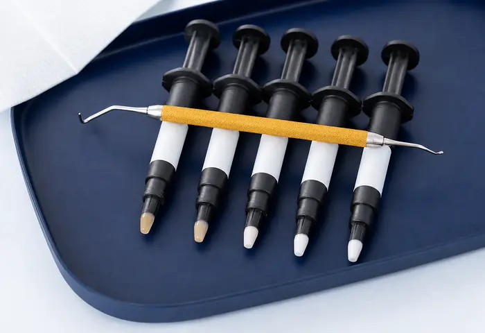 Composite syringes in several tooth shades and a sculpting instrument