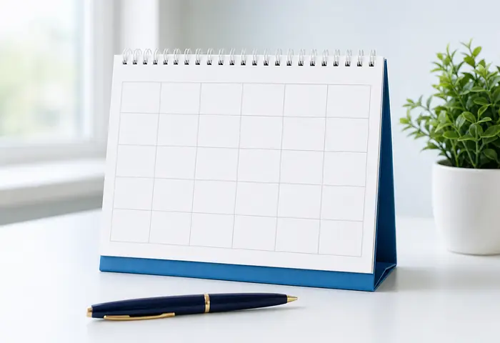 Desk calendar and a pen on a desk