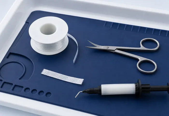 Fibre reinforcement ribbon, scissors and a composite syringe on a tray