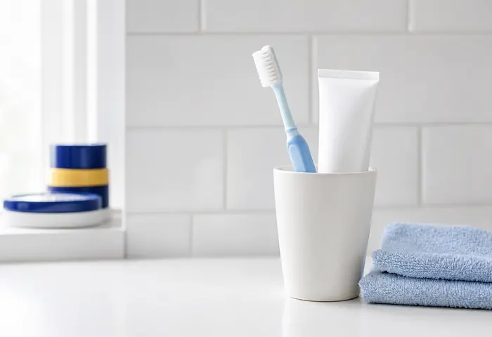 Child's toothbrush and toothpaste on a bathroom shelf