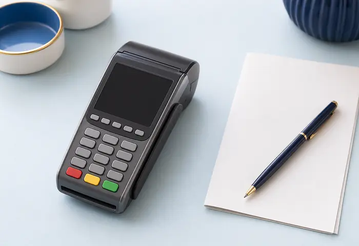 Card machine and a folded sheet of paper on a desk