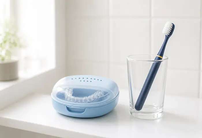 Mouth guard case and toothbrush on a bathroom shelf
