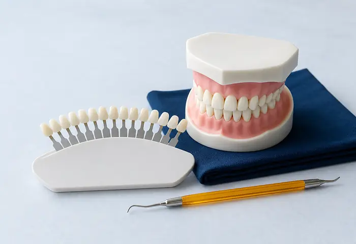 Shade guide beside a dental model