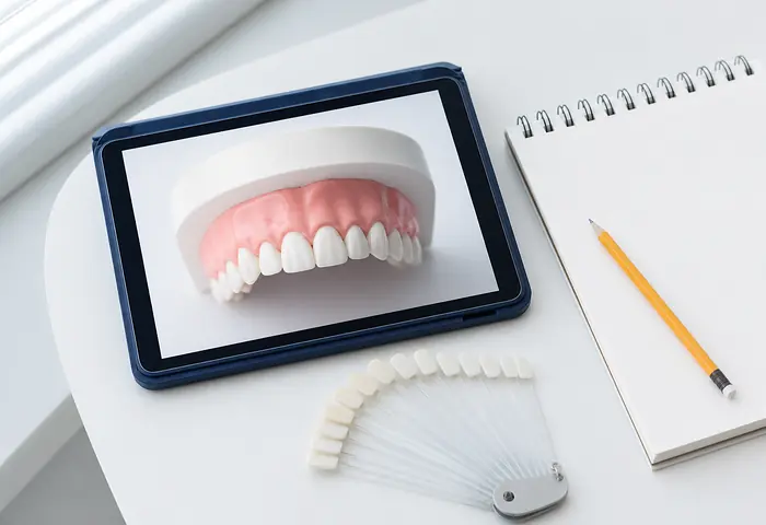 Tablet showing a model of the front teeth beside a sketch pad