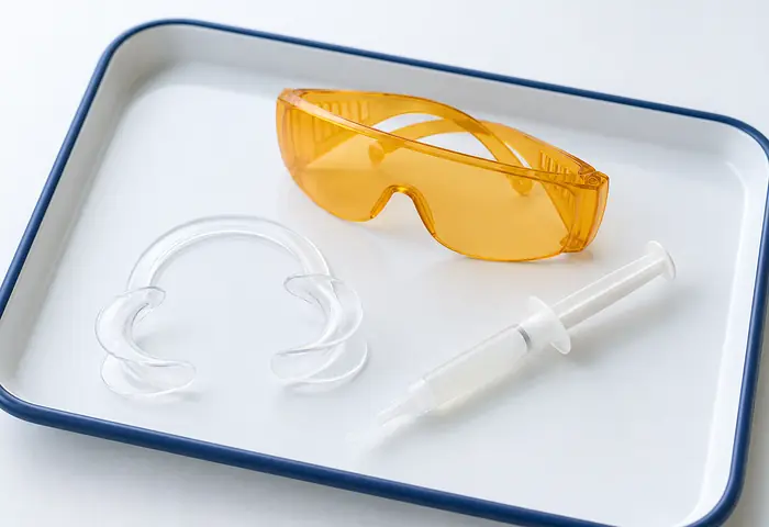 Protective glasses, a cheek retractor and a whitening gel syringe on a tray