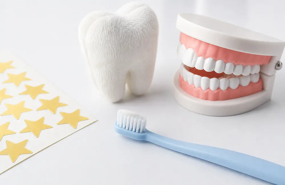 Child's toothbrush with a thin line of toothpaste, beside a soft toy tooth, a dental model and gold star stickers