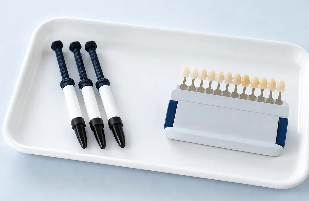 Composite resin syringes and a ceramic shade tab set side by side on a tray