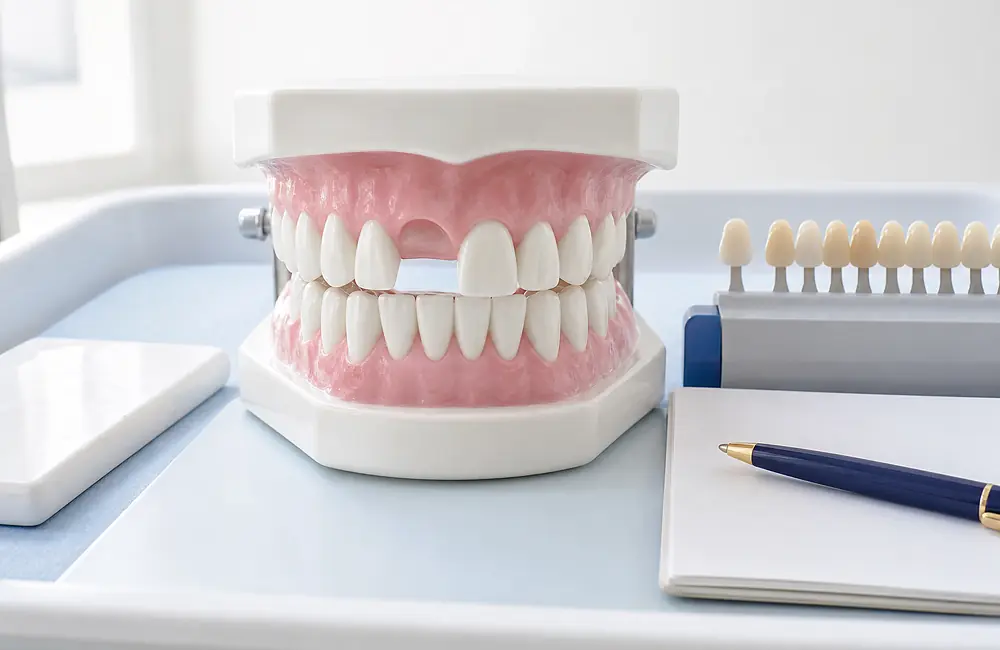 Dental model with a gap where one front tooth is missing, next to a composite shade guide