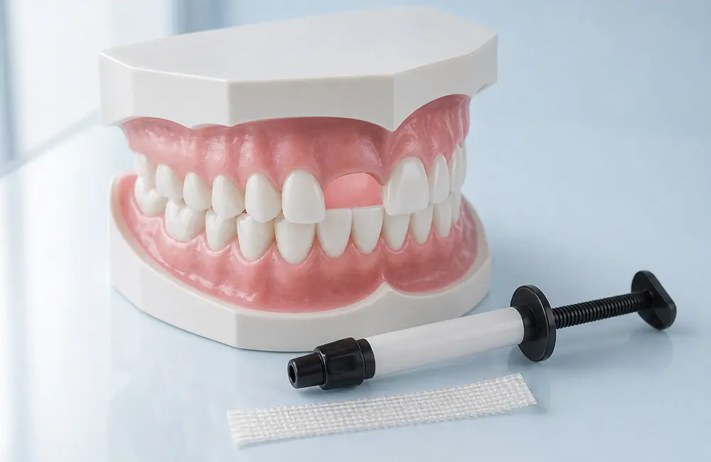 Dental model with one missing front tooth beside a strip of reinforcing fibre