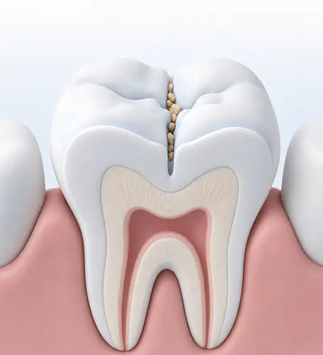 Illustration of a deep groove in a back tooth trapping food particles