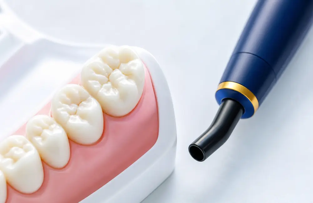 Dental model of a back tooth with deep grooves on its chewing surface