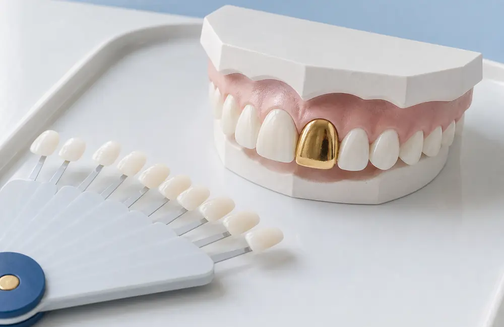 Dental model with a gold cap on an upper front tooth beside a composite shade guide