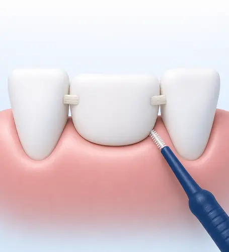 Illustration of an interdental brush cleaning beside a bridge tooth