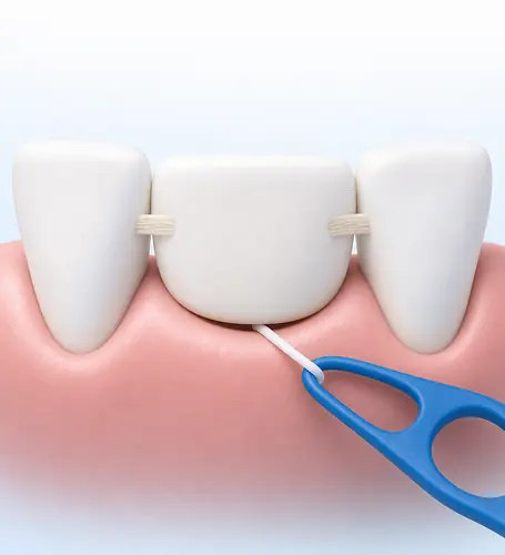 Illustration of a floss threader passing floss under a bridge tooth