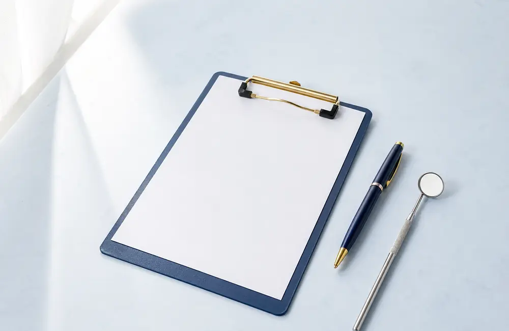 Clipboard with a blank page and a pen beside a dental mirror