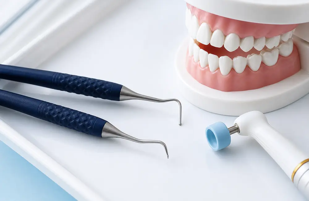 Scaling instruments and a polishing cup on a treatment tray beside a dental model