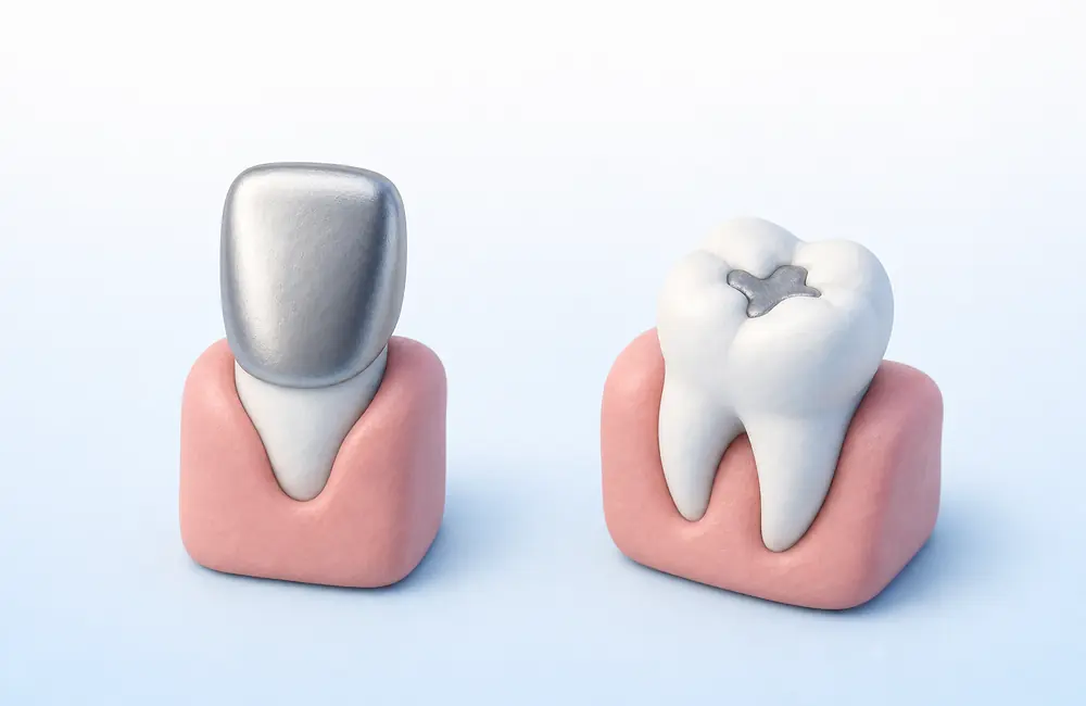 Illustration of a silver cap over a front tooth beside a silver filling in a back tooth