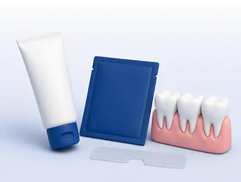 Illustration of an unbranded toothpaste tube and a packet of whitening strips