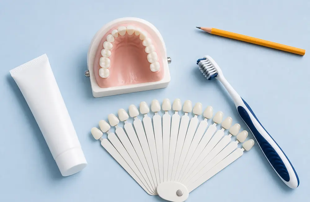 Tooth shade guide in front of a dental model of the upper front teeth