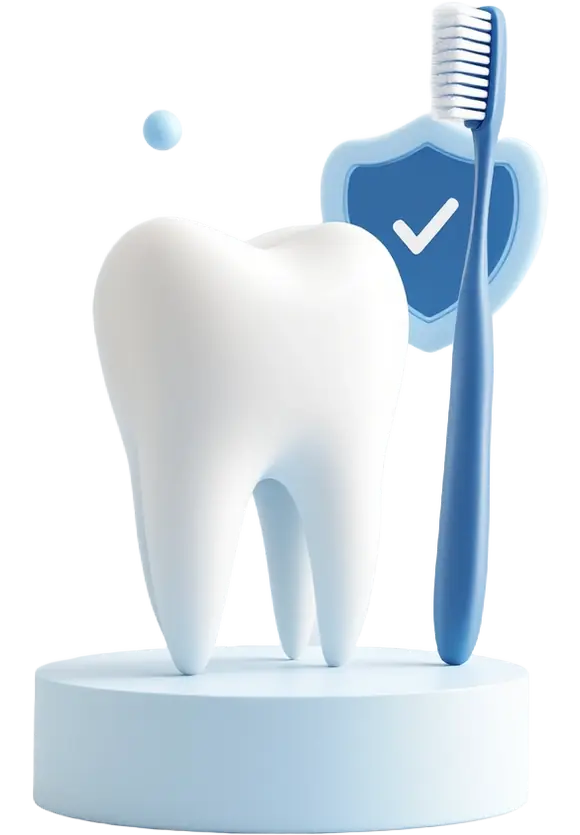Illustration of a large white tooth with a toothbrush and a gold sparkle