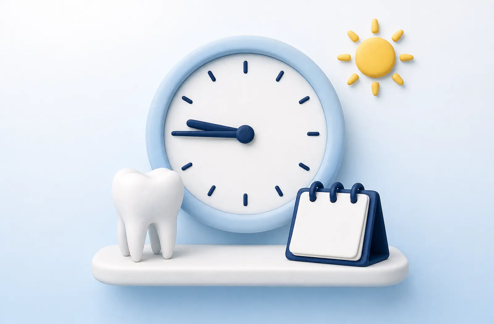 Illustration of a wall clock, a tooth and a small sun
