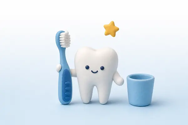 Illustration of a small tooth character beside a child's toothbrush