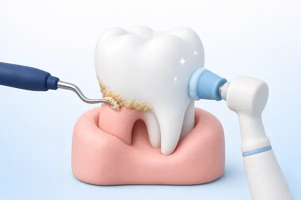 Illustration of tartar being removed from a tooth, with a polishing cup