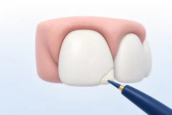 Illustration of a chipped front-tooth corner being rebuilt with tooth-coloured composite