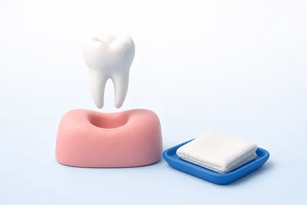 Illustration of a back tooth lifted out of the gum, with a gauze pad