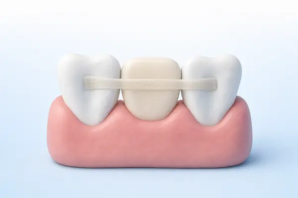 Illustration of a fibre bridge: a replacement tooth bonded to the teeth either side by a thin fibre strip