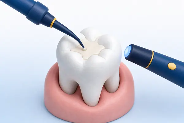 Illustration of a tooth-coloured filling being placed in a back tooth