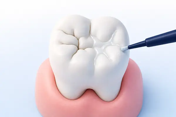 Illustration of a back tooth with sealant covering the grooves on its biting surface