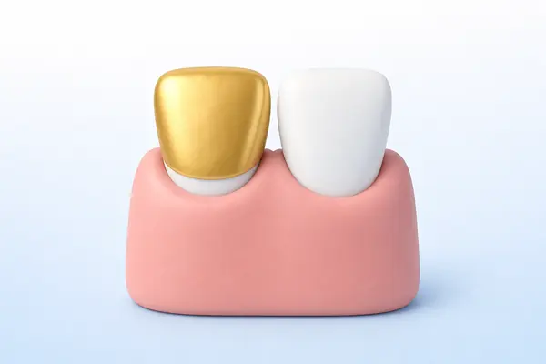 Illustration of a gold-capped front tooth beside a natural white front tooth