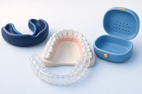 Illustration of a clear night guard beside a model of the upper teeth and a sports guard