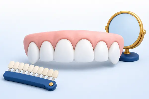 Illustration of six upper front teeth with a hand mirror and a shade guide