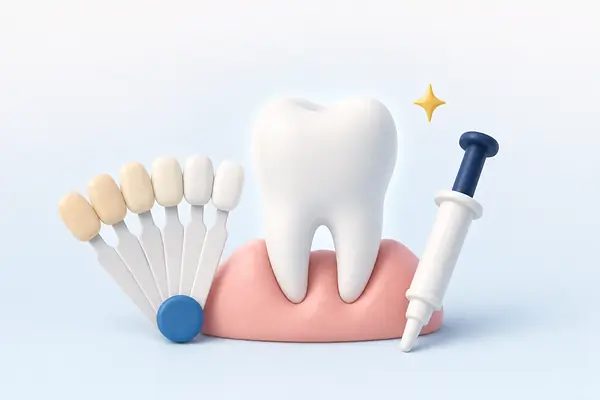 Illustration of a tooth beside a shade guide and a whitening gel syringe