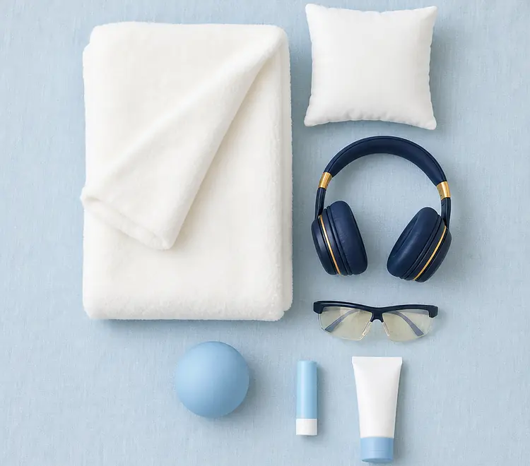 Blanket, cushion, headphones and protective glasses laid out on a table