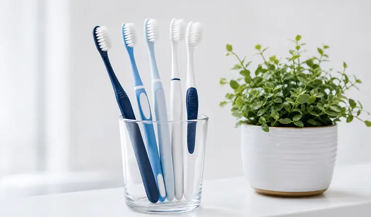 New toothbrushes in a glass beside a small plant